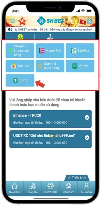  Bước 2: Chọn USDT => USDT RC